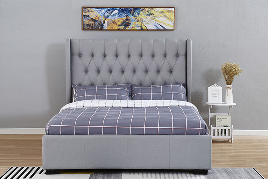 1310G Visoko uzglavlje Wingback siva tkanina s gumbima i detaljima Okvir kreveta za pohranu