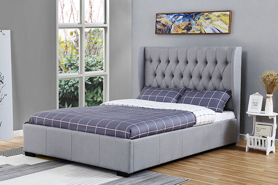 1310G Visoko uzglavlje Wingback siva tkanina s gumbima i detaljima Okvir kreveta za pohranu